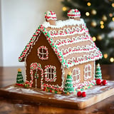 A decorated gingerbread house with colorful icing and candy details sits on a wooden board, with a festive backdrop of a Christmas tree.