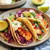 Three fish tacos are served on a plate, topped with cabbage, cilantro, a dollop of sour cream, and accompanied by avocado and lime wedges.