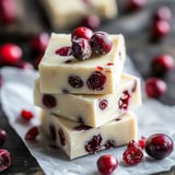 Three stacked pieces of white chocolate fudge with dried cranberries are surrounded by scattered fresh cranberries on a marble surface.