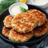 A close-up of golden-brown fish cakes garnished with herbs, served with a small bowl of creamy dip and a lemon wedge on a black plate.