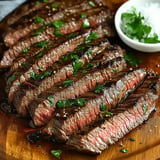 Sliced grilled steak garnished with fresh parsley, served on a wooden platter alongside a small bowl of salt.