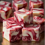 A collection of vividly swirled red and white fudge cubes arranged closely together.