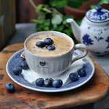 A cup of coffee topped with fresh blueberries sits on a blue-patterned plate, accompanied by a small teapot in the background.