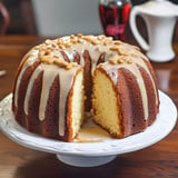 A beautifully decorated bundt cake with drizzled icing and small toppings, partially sliced and displayed on a white cake stand.