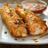 Two crispy, golden-brown egg rolls filled with seafood sit on a white plate, drizzled with sauce and garnished with green onions, accompanied by a small bowl of dipping sauce.