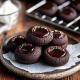 A plate of chocolate cookies topped with glossy chocolate and colorful sprinkles.