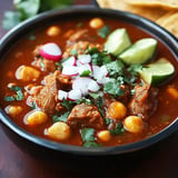 A bowl of hearty beef stew garnished with radishes, cilantro, and lime wedges, accompanied by tortilla chips.