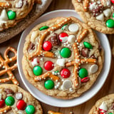 A close-up of a festive cookie decorated with chocolate, pretzels, colorful candies, and white sprinkles on a light plate.