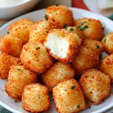 A plate of golden, crispy breaded cheese balls, with one cut open to reveal its creamy interior.