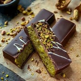 A close-up view of chocolate bars with a green filling, topped with chopped pistachios, on a textured surface.