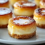 A close-up of several circular puddings with a glossy caramel layer and a crumbly base on a white plate.