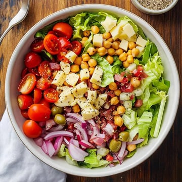 A colorful salad bowl filled with cherry tomatoes, chickpeas, cheese, greens, red onions, and olives, topped with black pepper.