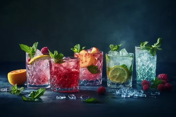 A variety of colorful cocktails are displayed in crystal glasses, garnished with mint, fruit slices, and ice, against a dark background.