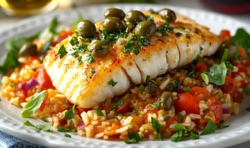 A plated dish featuring grilled fish topped with capers and herbs, served over a colorful bed of rice and vegetables.