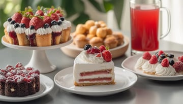 A variety of desserts including a fruit-topped cake, a layered cake, chocolate cake with berries, and mini pastries, alongside a glass of red drink, are elegantly displayed on a table.