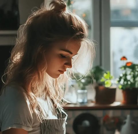 A young woman with wavy hair is gazing down contemplatively in a warmly lit kitchen filled with plants.