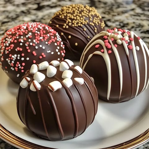 A plate of four decorative chocolate truffles topped with various sprinkles and drizzles.