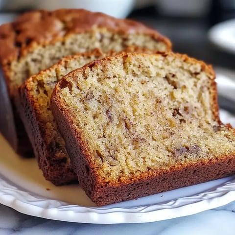 A close-up of sliced banana bread on a white plate, showcasing its moist texture and a golden-brown crust.