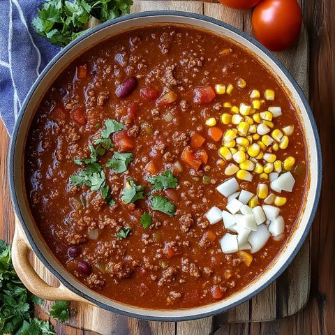 A close-up view of a pot of chili topped with fresh cilantro, corn, diced potatoes, and mixed vegetables, accompanied by whole tomatoes and a blue dishcloth.