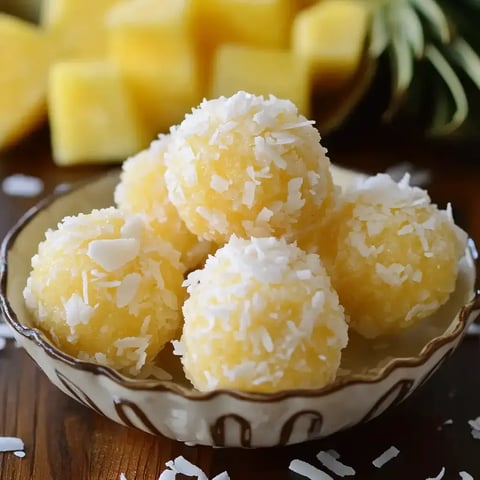 A bowl filled with coconut-covered yellow sweets, accompanied by chunks of fresh pineapple in the background.