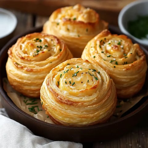 A close-up of three golden, spiral-shaped pastries topped with chives, displayed in a dark bowl on a wooden surface.