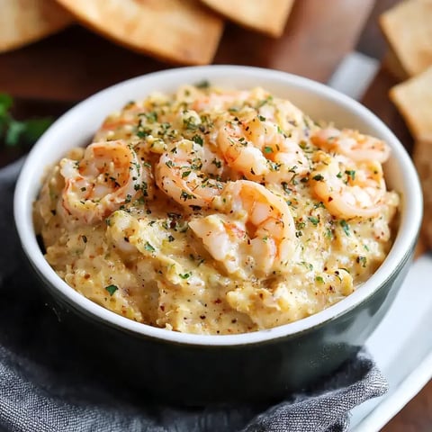 A bowl of creamy shrimp dip garnished with parsley, served alongside pita chips.