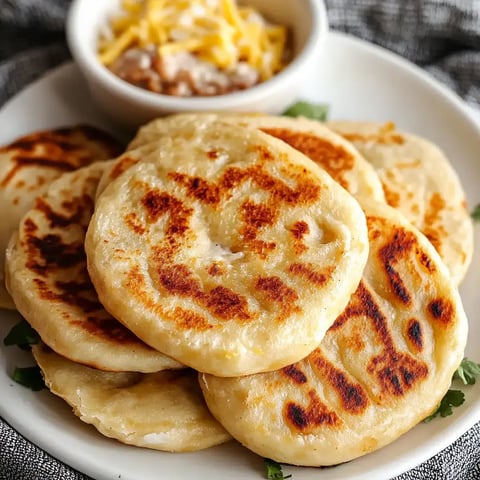 A plate of golden-brown flatbreads is served with a small bowl of beans topped with cheese.