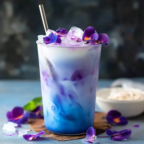 A cold, layered drink in a glass is topped with ice and purple edible flowers, surrounded by additional flower petals on a wooden coaster.