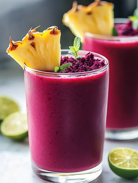 Two vibrant purple smoothies are garnished with pineapple slices and mint leaves, with lime wedges visible in the background.