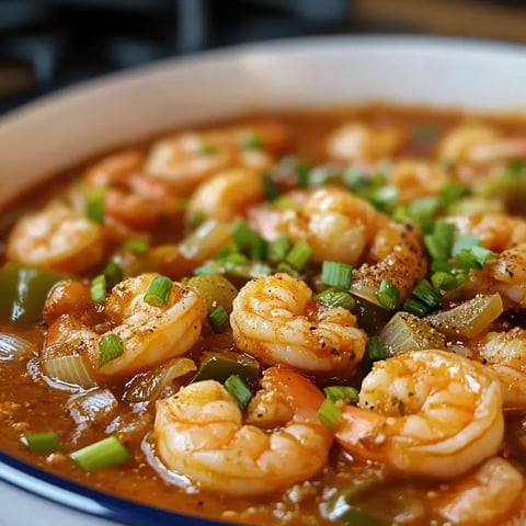 A close-up view of a flavorful shrimp dish garnished with green onions and mixed with bell peppers in a savory sauce.