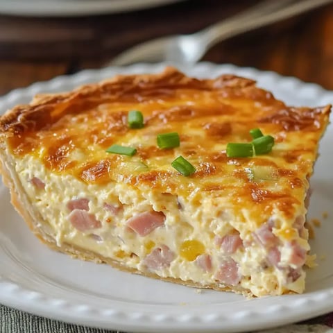 A slice of ham and cheese quiche garnished with green onions on a white plate.