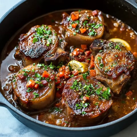 A close-up view of a cast iron skillet filled with five beautifully cooked pork chops garnished with herbs, diced red peppers, and lemon slices in a savory sauce.