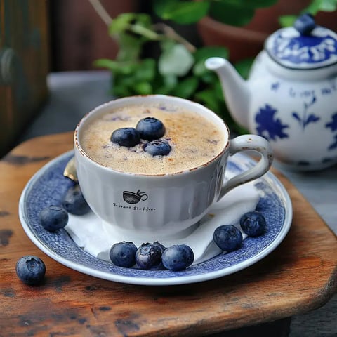 A cup of coffee topped with fresh blueberries sits on a blue-patterned plate, accompanied by a small teapot in the background.