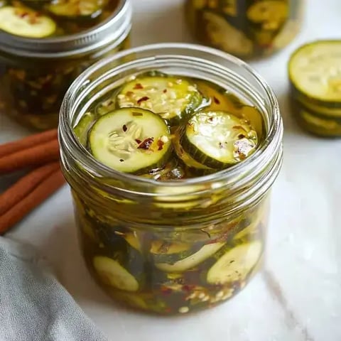 A jar of pickled cucumber slices is filled with spices and herbs, with additional jars and cinnamon sticks in the background.