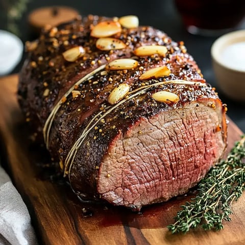 A beautifully roasted beef joint seasoned with garlic and herbs, resting on a wooden cutting board