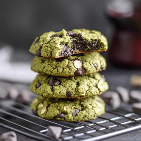 A stack of green matcha cookies with chocolate chips, one cookie has a bite taken out, resting on a cooling rack.