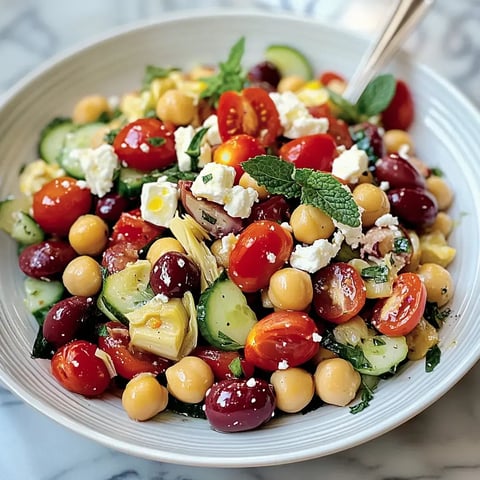 A colorful salad featuring cherry tomatoes, chickpeas, cucumbers, olives, feta cheese, and fresh mint, served in a white bowl.