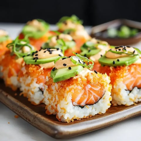 A close-up view of sushi rolls topped with avocado, spicy sauce, and green onions, served on a brown plate.