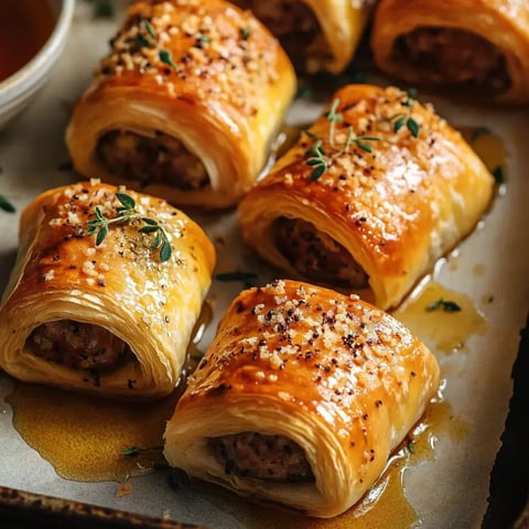 A close-up view of golden-brown pastry rolls filled with meat, garnished with herbs and sprinkled with seasoning on a baking sheet.