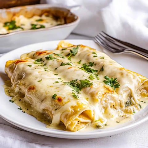 A plate of cheesy enchiladas garnished with fresh parsley, served with a creamy sauce.