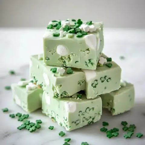 A stack of green fudge cubes decorated with white and green sprinkles, resembling clovers, on a light surface.