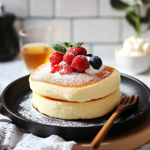 A stack of fluffy pancakes topped with fresh raspberries, blueberries, mint, whipped cream, and powdered sugar, served on a black plate with a wooden fork.