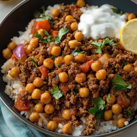 A flavorful dish featuring seasoned ground meat mixed with chickpeas and tomatoes, served over a bed of rice and garnished with herbs, yogurt, and a slice of lemon.