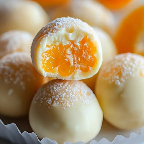 A close-up of white chocolate candy balls, one cut in half to reveal a sticky orange filling inside.