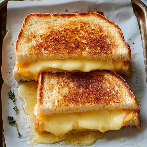 A close-up of two golden-brown grilled cheese sandwiches with melted cheese, resting on parchment paper and oozing slightly.