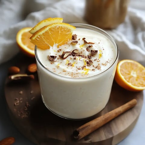 A creamy dessert in a glass is topped with orange slices, chocolate shavings, and garnished with a sprinkle of lemon zest, surrounded by almonds and a cinnamon stick.