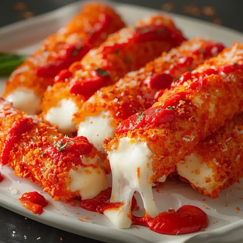 Crispy, breaded cheese sticks drizzled with red sauce are displayed on a white plate, with one stick oozing melted cheese.