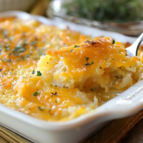 A serving of cheesy potato casserole with a golden brown crust and parsley sprinkled on top.