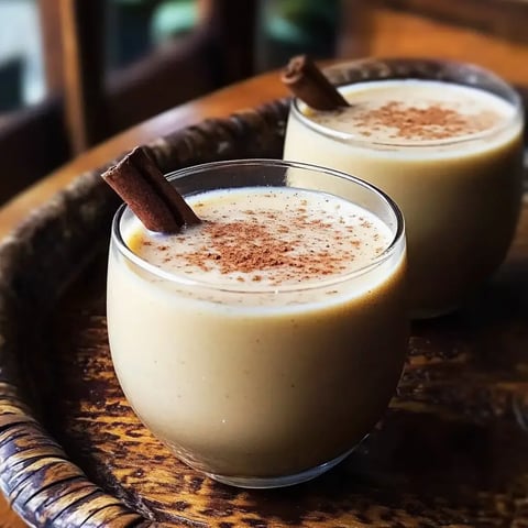 Two glass cups filled with creamy beverage, topped with ground cinnamon and a cinnamon stick, are resting on a wooden tray.