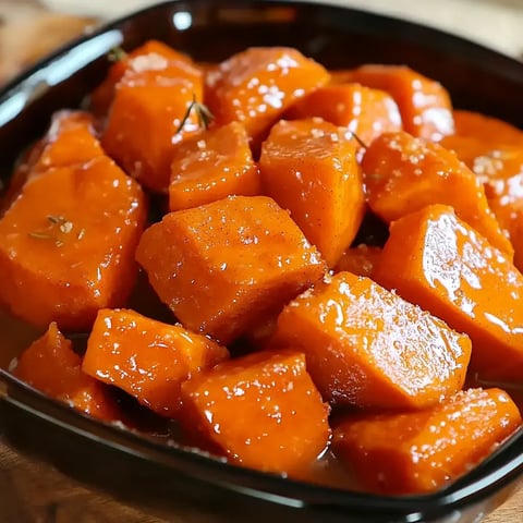 A close-up of a black bowl filled with glazed, cooked sweet potato chunks, garnished with herbs.